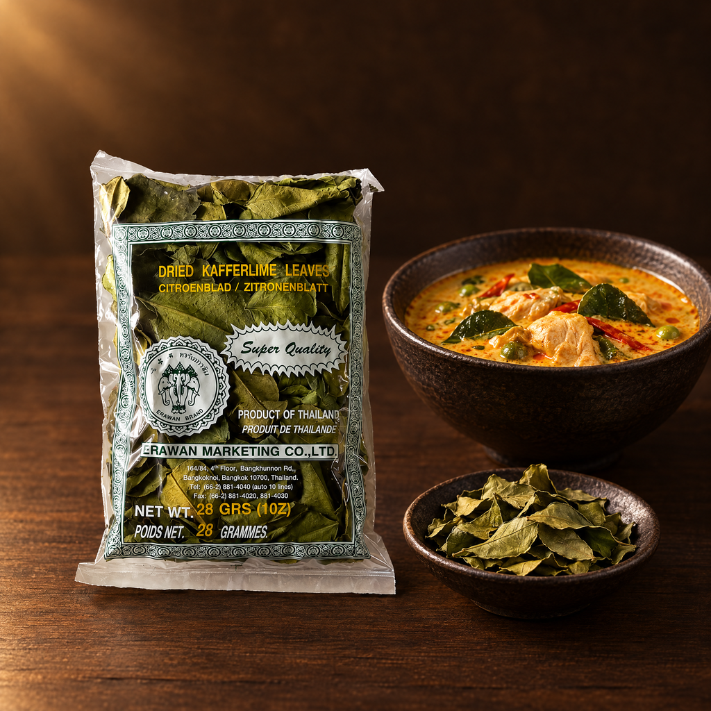 Erawan Daun Jeruk Kering 28 g – Packung mit Limettenblättern und Curry