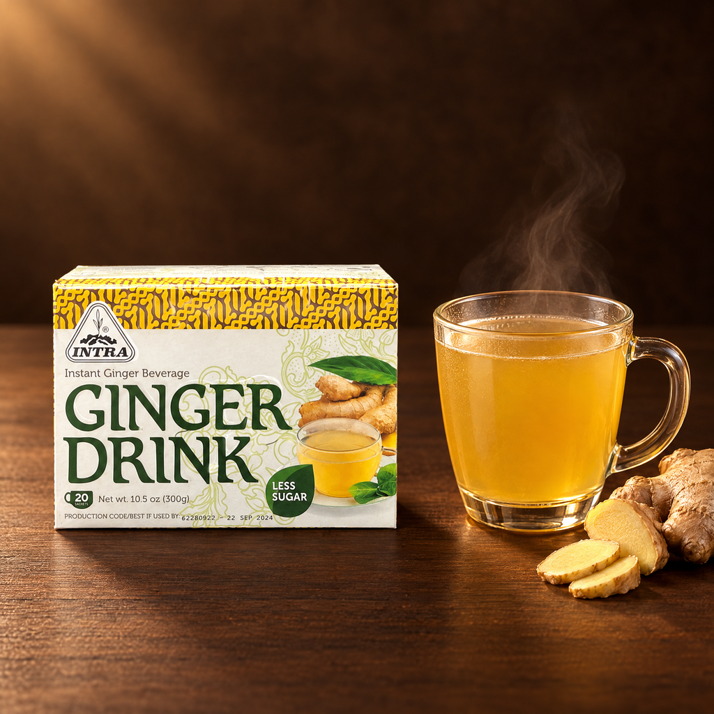 Intra Ginger Drink Less Sugar – Packung mit heißem Ingwergetränk