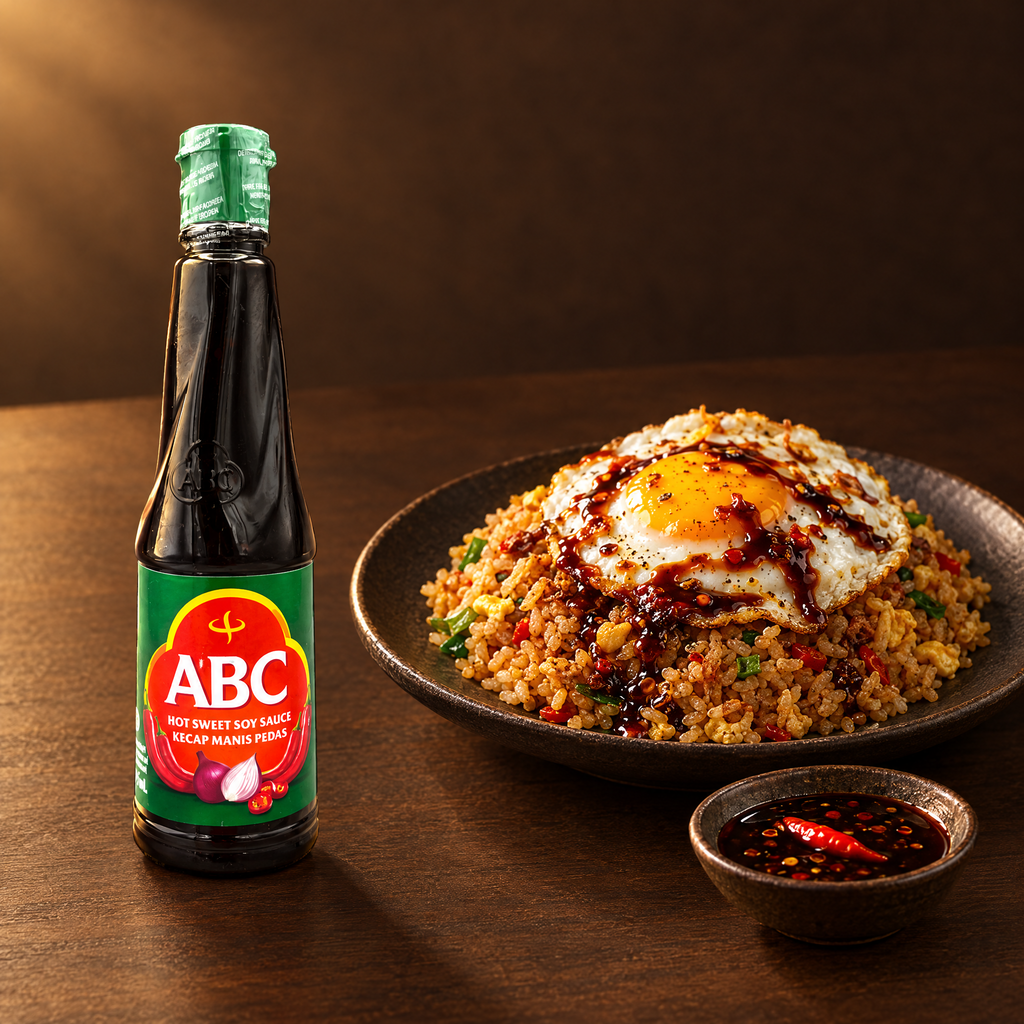 ABC Kecap Extra Pedas 135 ml – Flasche mit Nasi Goreng