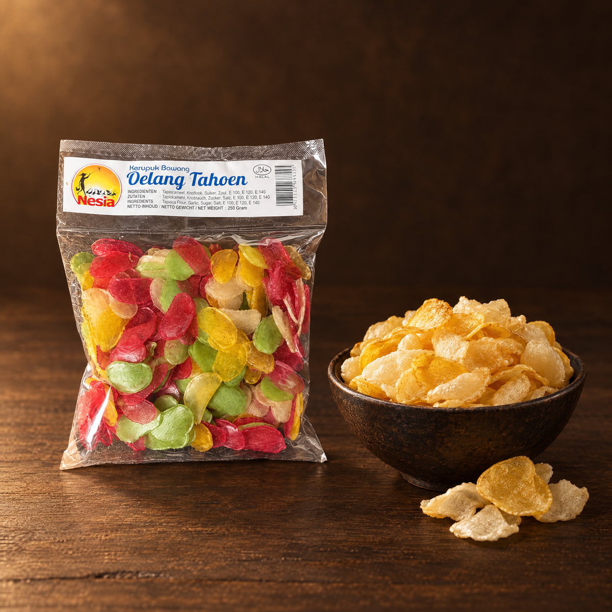 Kerupuk Bawang Oelang Tahoen 250g – Packung mit frittierten Krupuk
