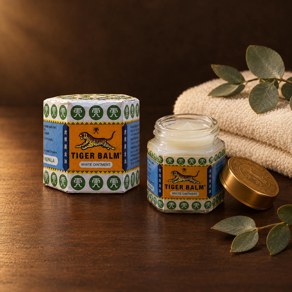 Tiger Balsam Gosok White 30g – Dose geöffnet mit Handtuch