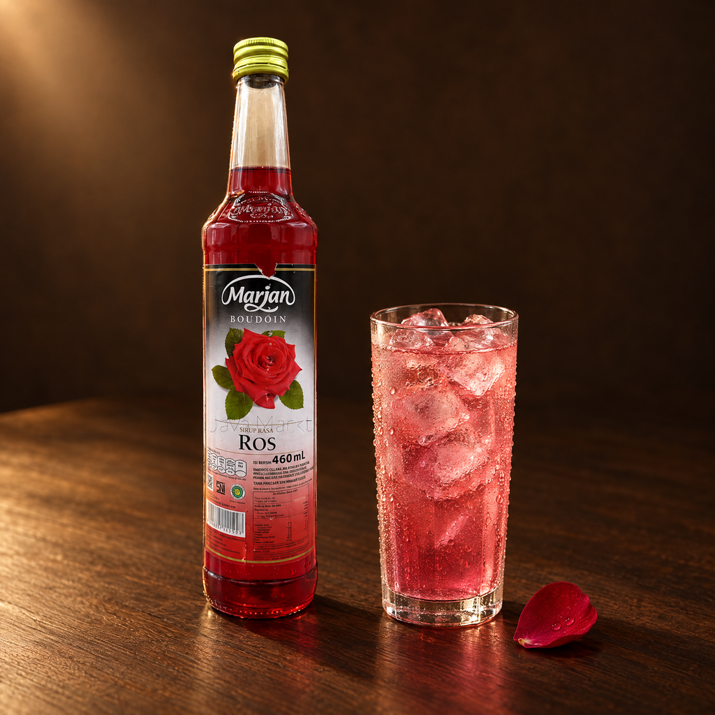 Marjan Rosen Sirup 460ml – Flasche mit Rosen-Getränk