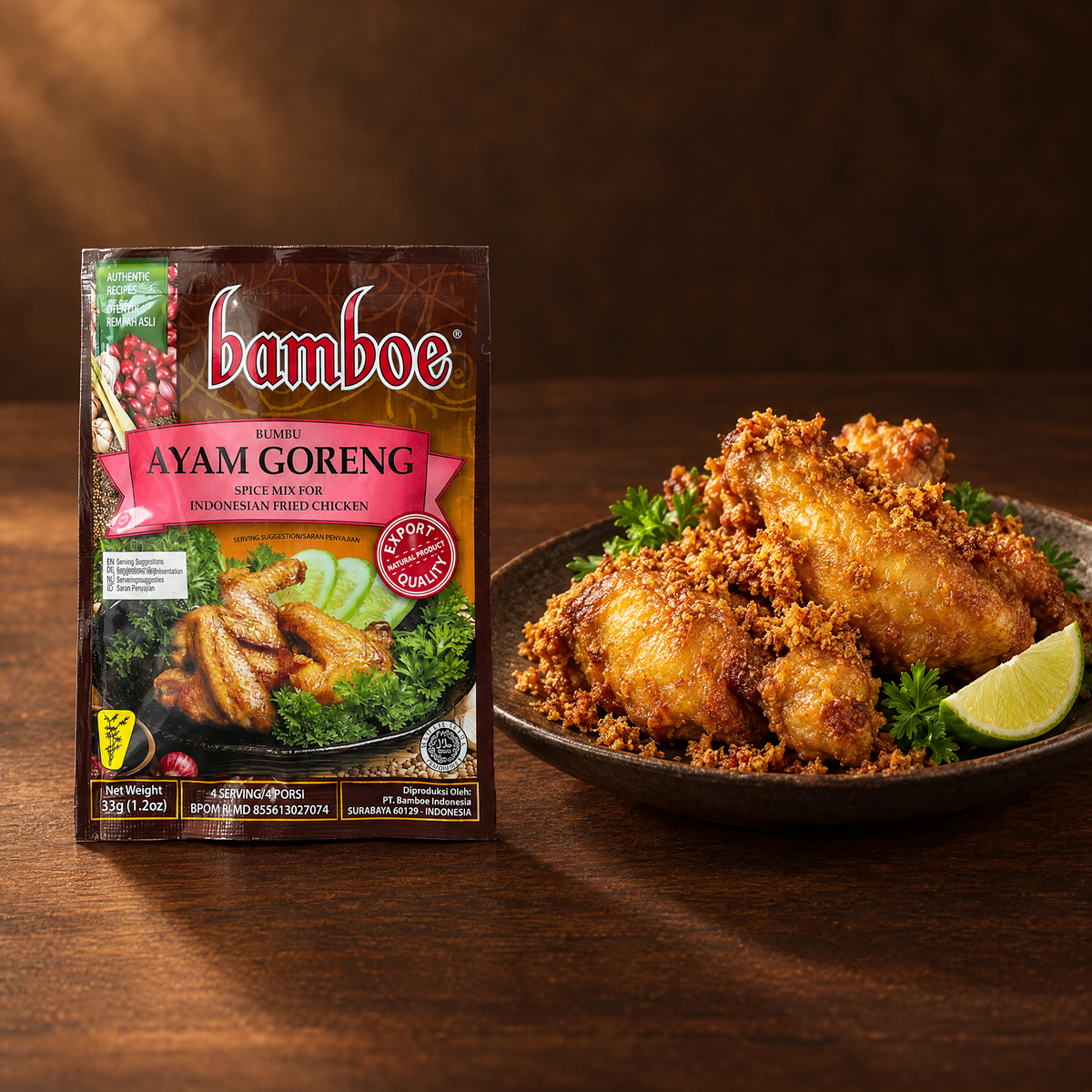 Bamboe Bumbu Ayam Goreng 33 g – Packung mit frittiertem Hähnchen