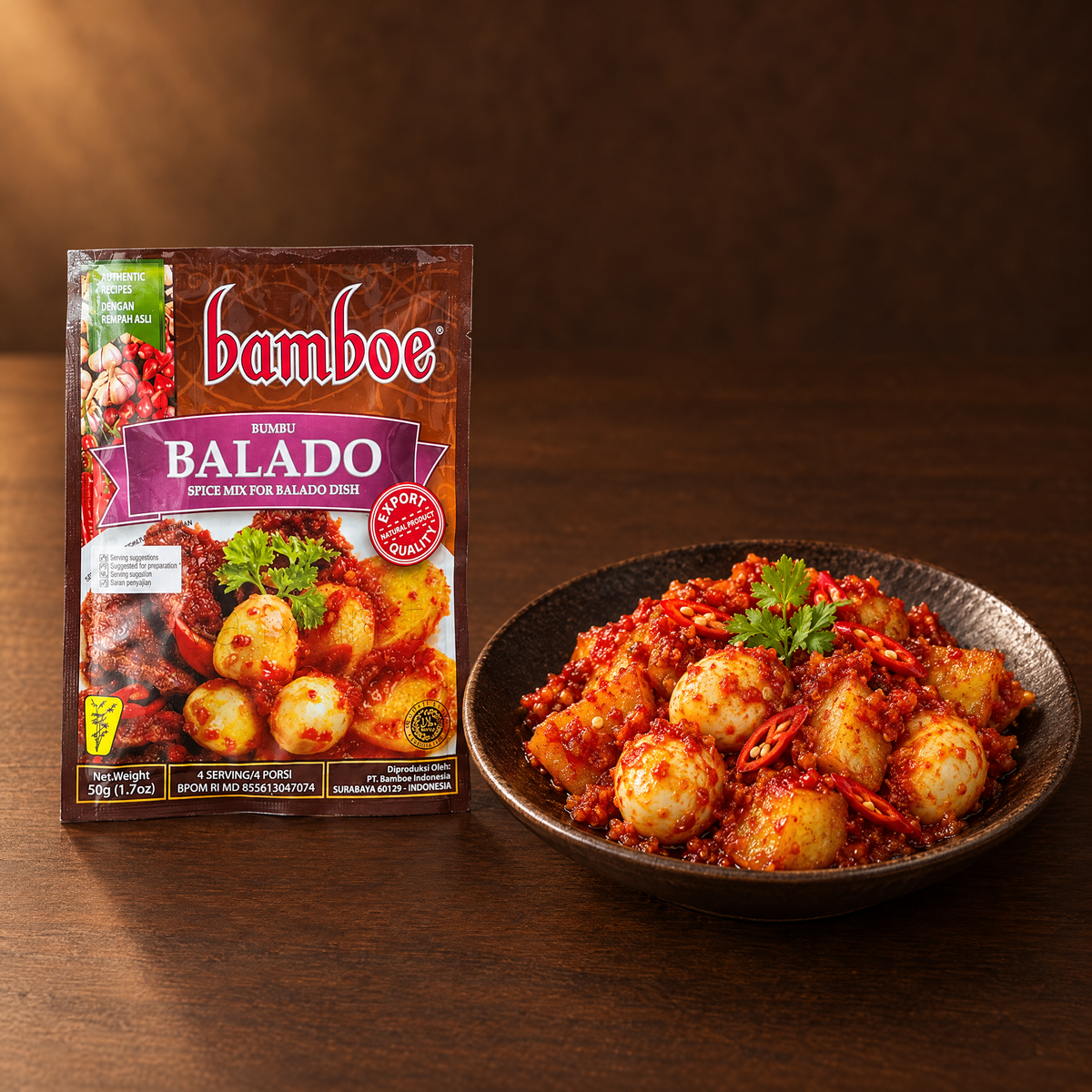 Bamboe Bumbu Balado 50 g – Packung mit Balado-Gericht