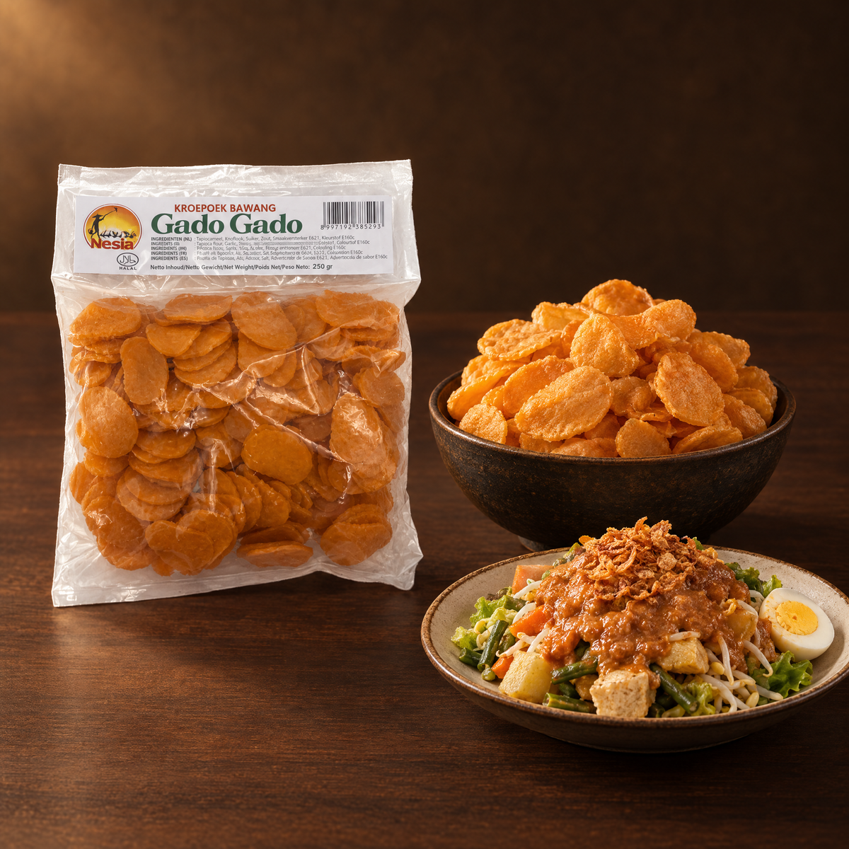 Kerupuk Bawang Gado Gado 250g – Packung mit frittierten Krupuk