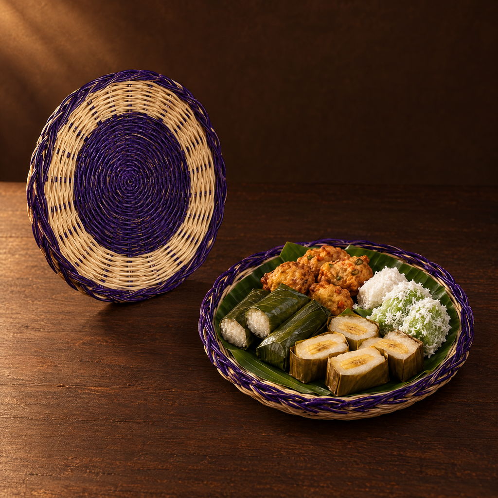 Tampah 30 cm – Bambus-Tablett mit angerichteten Snacks