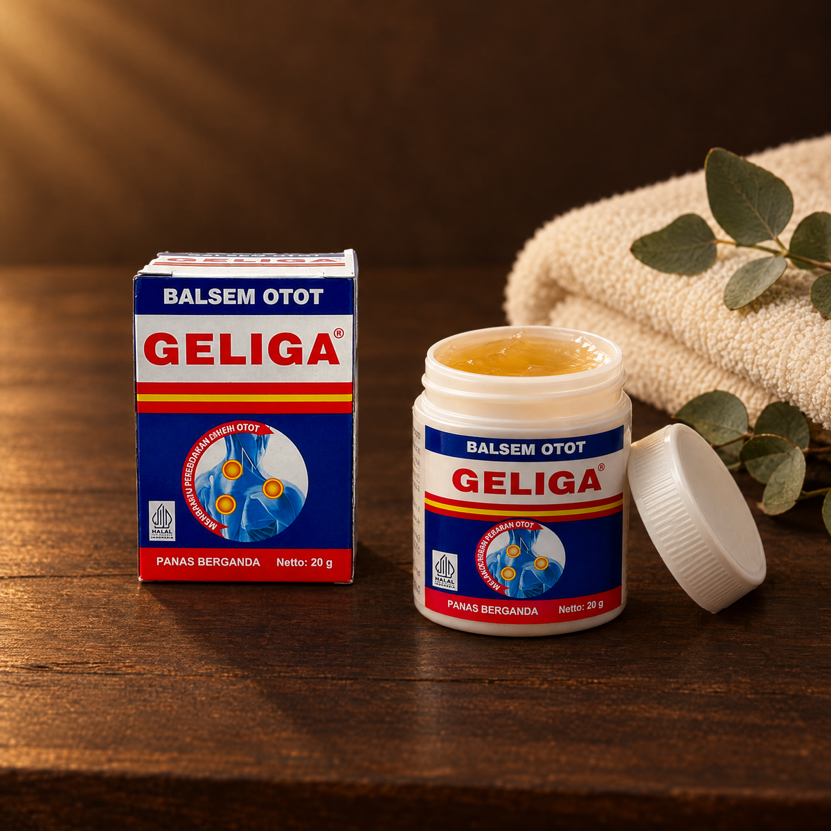 Geliga Balsem Otot 20 g – Dose geöffnet mit Handtuch