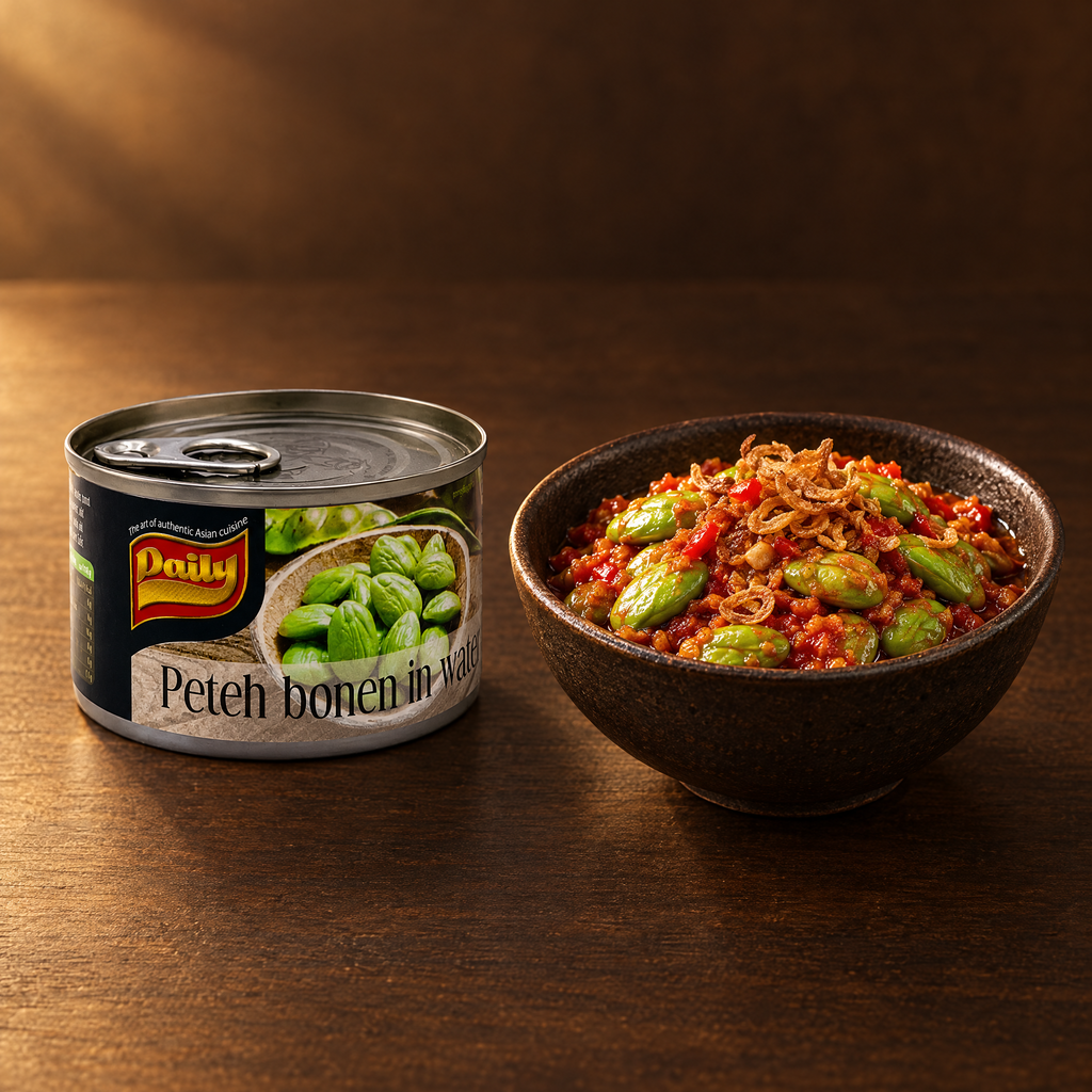 Pete Bohnen (Petai) in Salzlake – Glas mit Sambal Goreng Pete