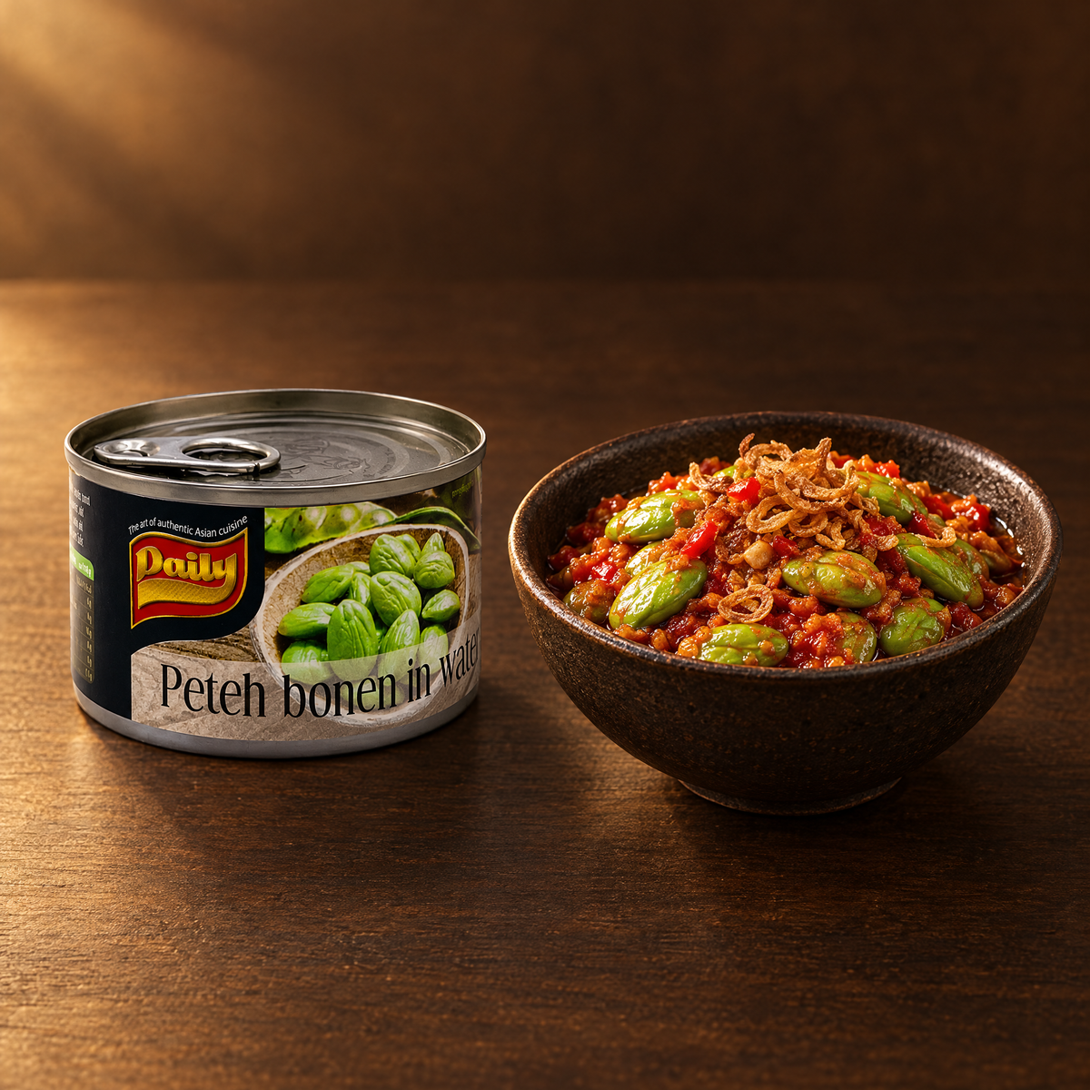 Pete Bohnen (Petai) in Salzlake – Glas mit Sambal Goreng Pete