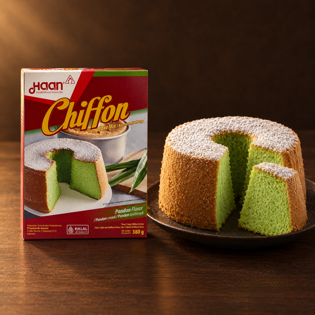 Haan Chiffon Pandan Cake Mix 380 g – Packung mit Pandan-Chiffonkuchen