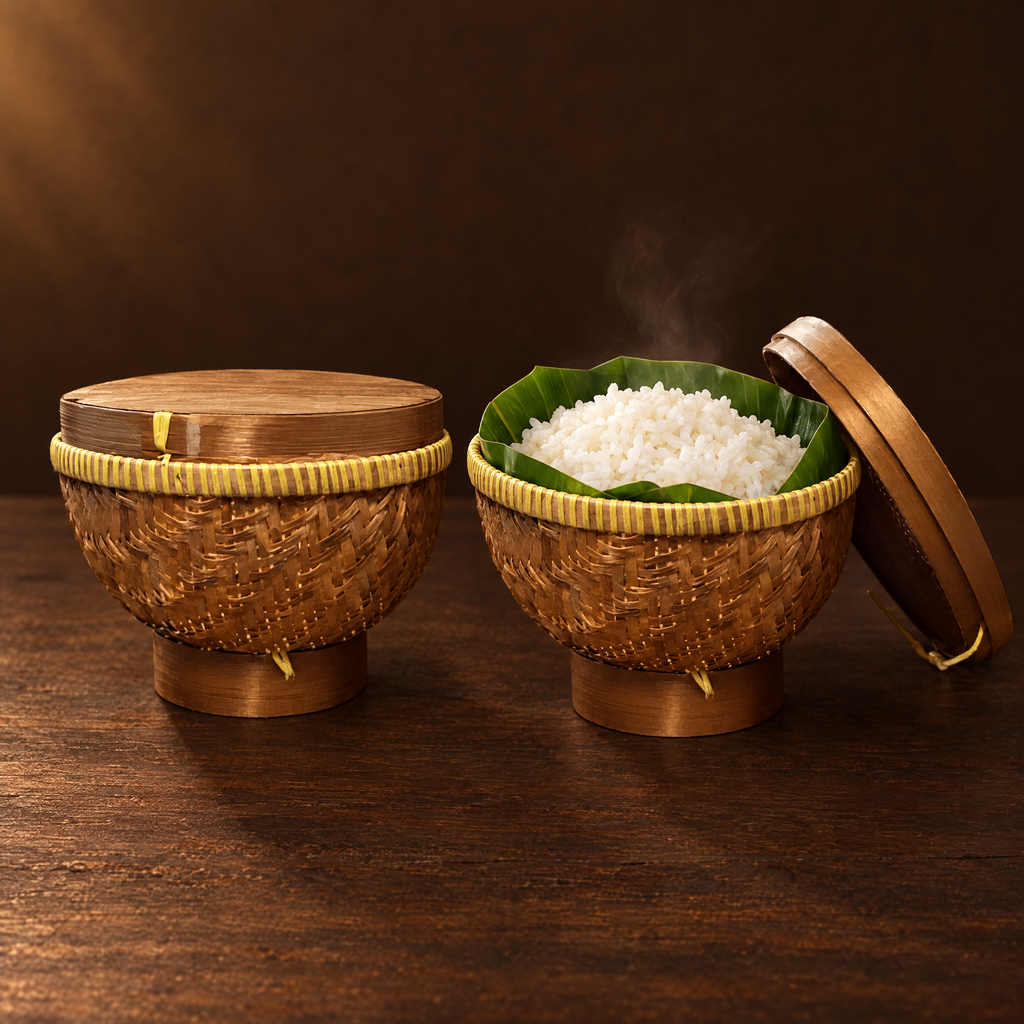 Bakul Nasi Bambu – Bambuskorb mit gedämpftem Reis