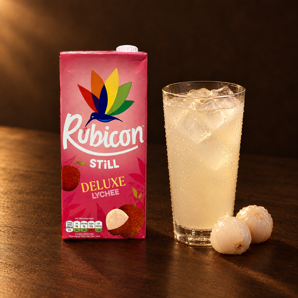 Rubicon Lychee Juice Drink 1 L – Packung mit eingeschenktem Getränk