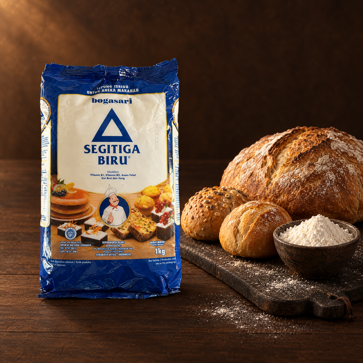 Bogasari Segitiga Biru Weizenmehl 1 kg – Packung mit Teig und Gebäck