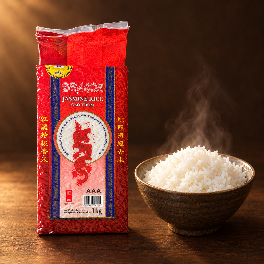 Beras Jasmin Red Dragon 1 kg – Packung mit gedämpftem Jasminreis
