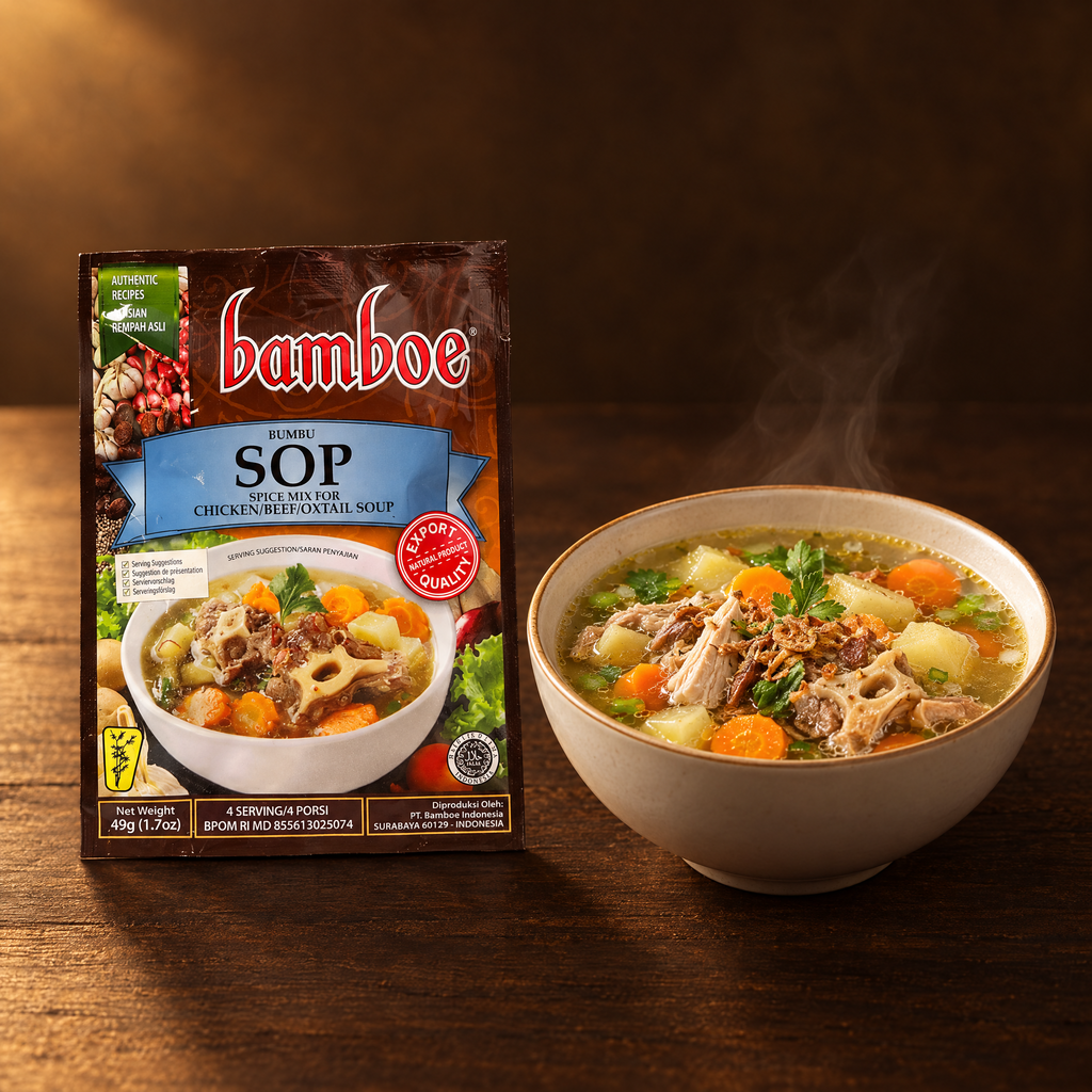 Bamboe Bumbu Sop 49 g – Packung mit angerichteter Sop-Suppe