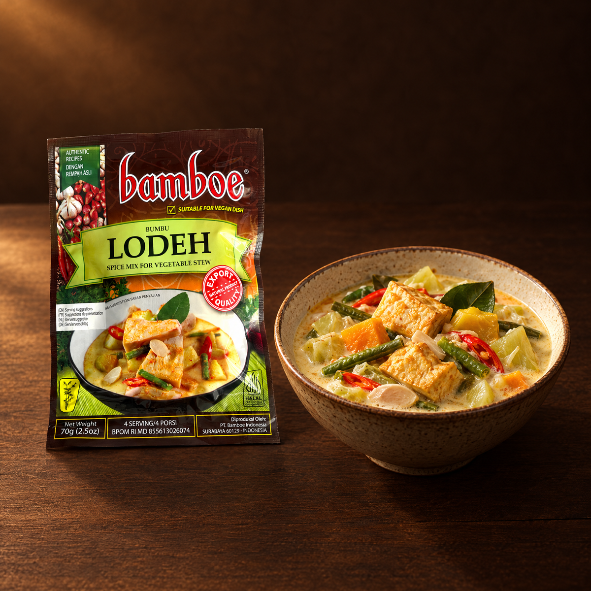 Bamboe Bumbu Lodeh 70 g – Packung mit angerichtetem Sayur Lodeh