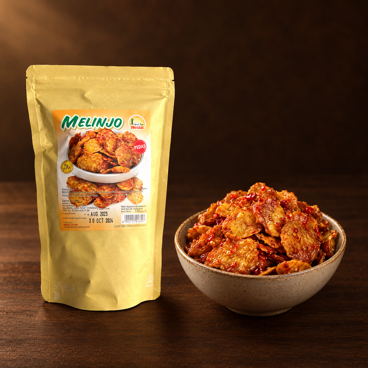 Keripik Melinjo Pedas 100 g – Packung mit scharfen Melinjo-Chips