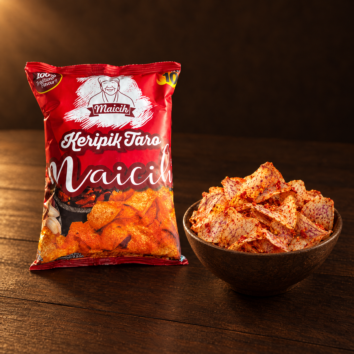 Maicih Keripik Taro Level 10 100 g – Packung mit Taro-Chips