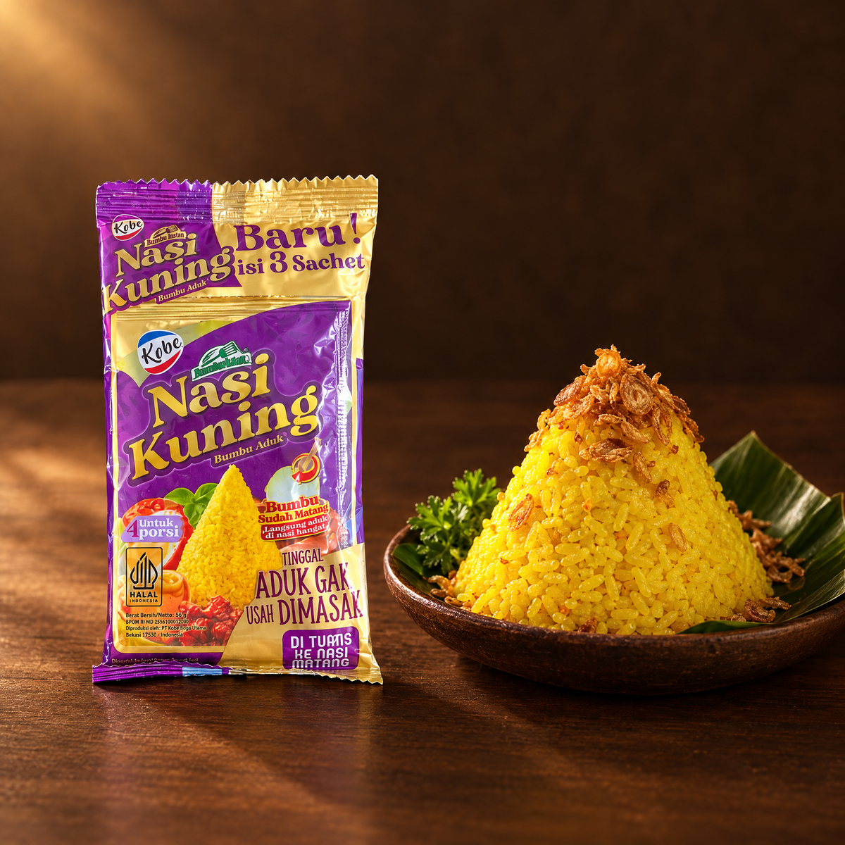 Kobe Bumbu Aduk Nasi Kuning 56 g – Packung mit gelbem Nasi Kuning