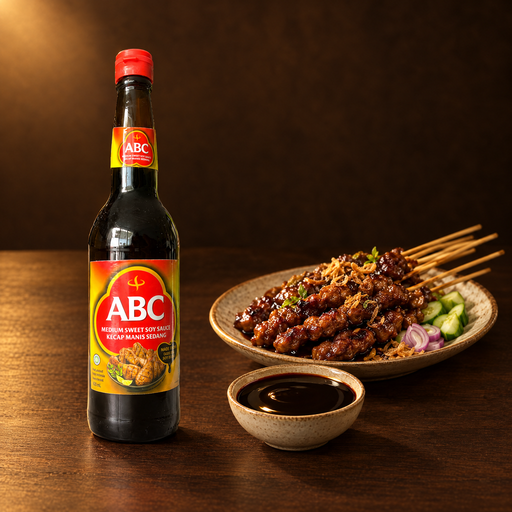 ABC Kecap Manis Sedang 620 ml – Flasche mit Saté-Spießen
