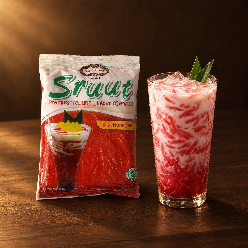 Sruut Tepung Dawet Cendol Rasa Frambozen – Packung mit Cendol-Drink