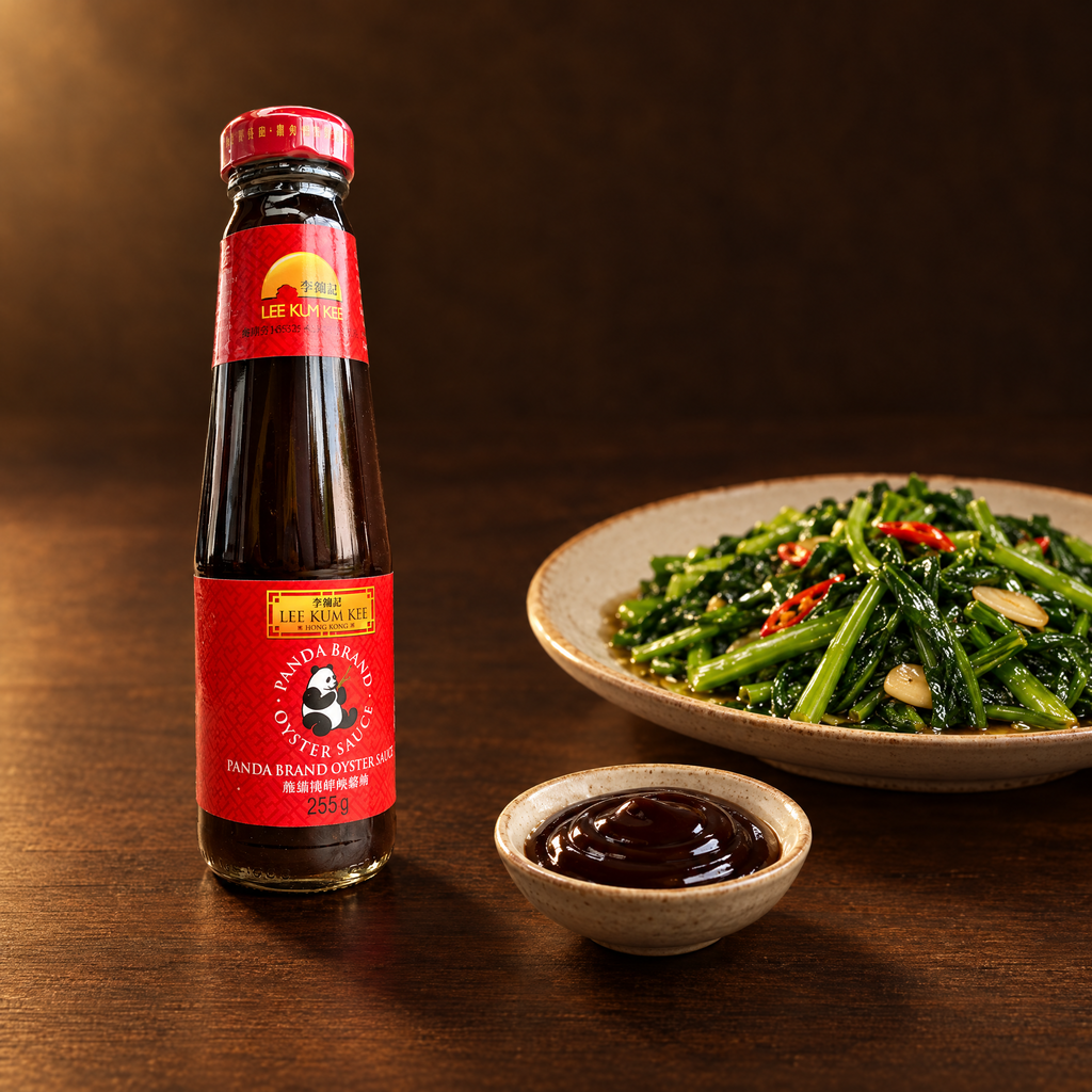 Lee Kum Kee Saus Tiram Panda Brand 255 g – Flasche mit Wokgemüse