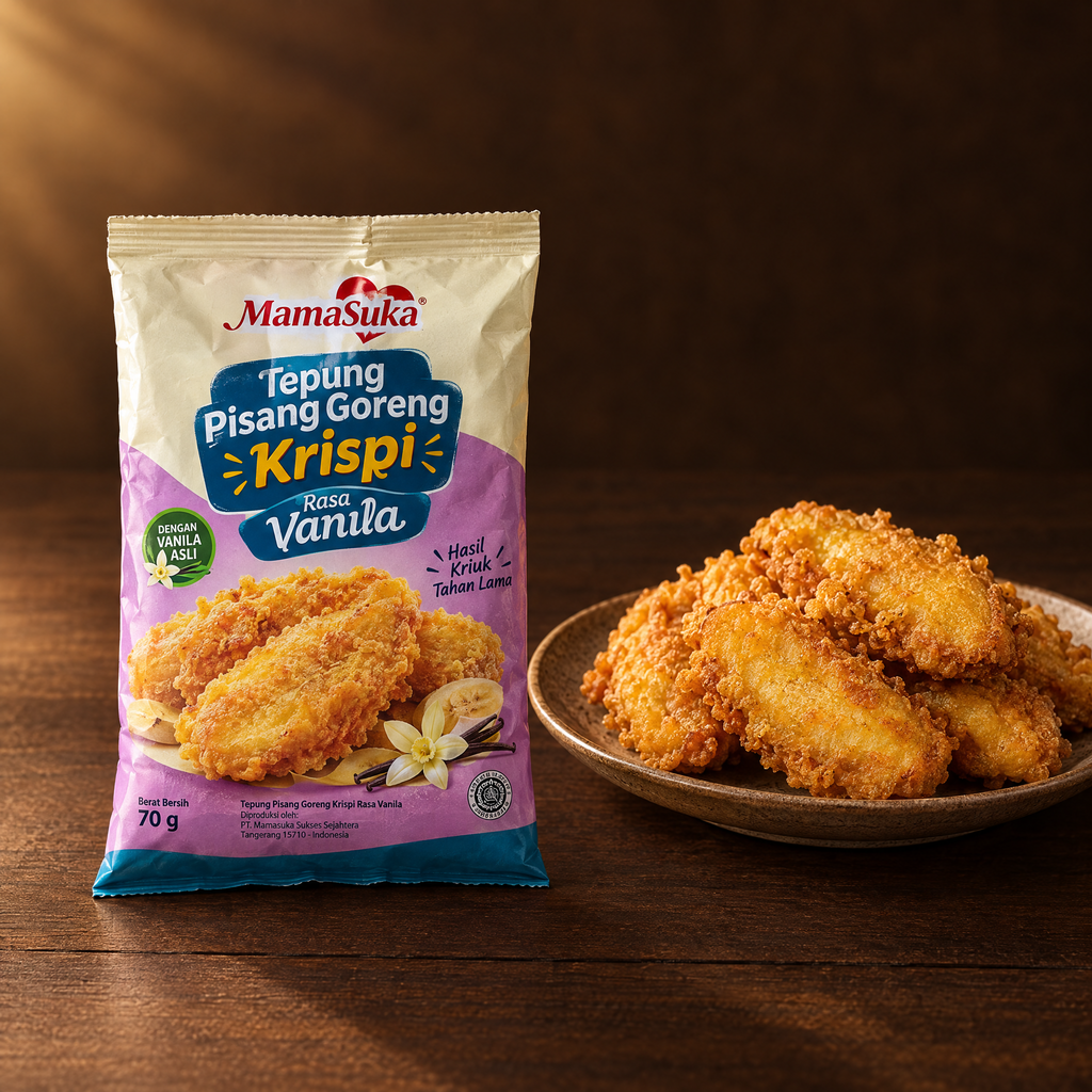 Mamasuka Tepung Pisang Goreng Krispi Vanila 70 g – Packung mit Pisang Goreng