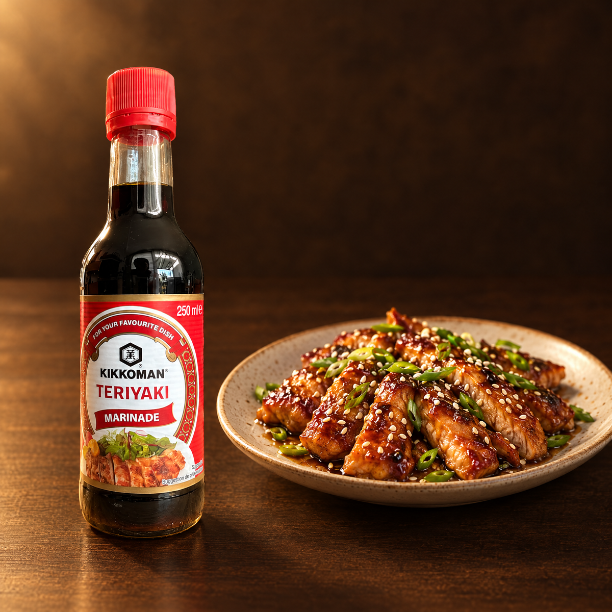 Kikkoman Teriyaki Marinade 500 ml – Flasche mit Teriyaki-Hähnchen