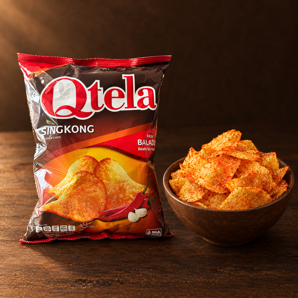 Qtela Keripik Singkong Pedas 100 g – Packung mit scharfen Maniok-Chips