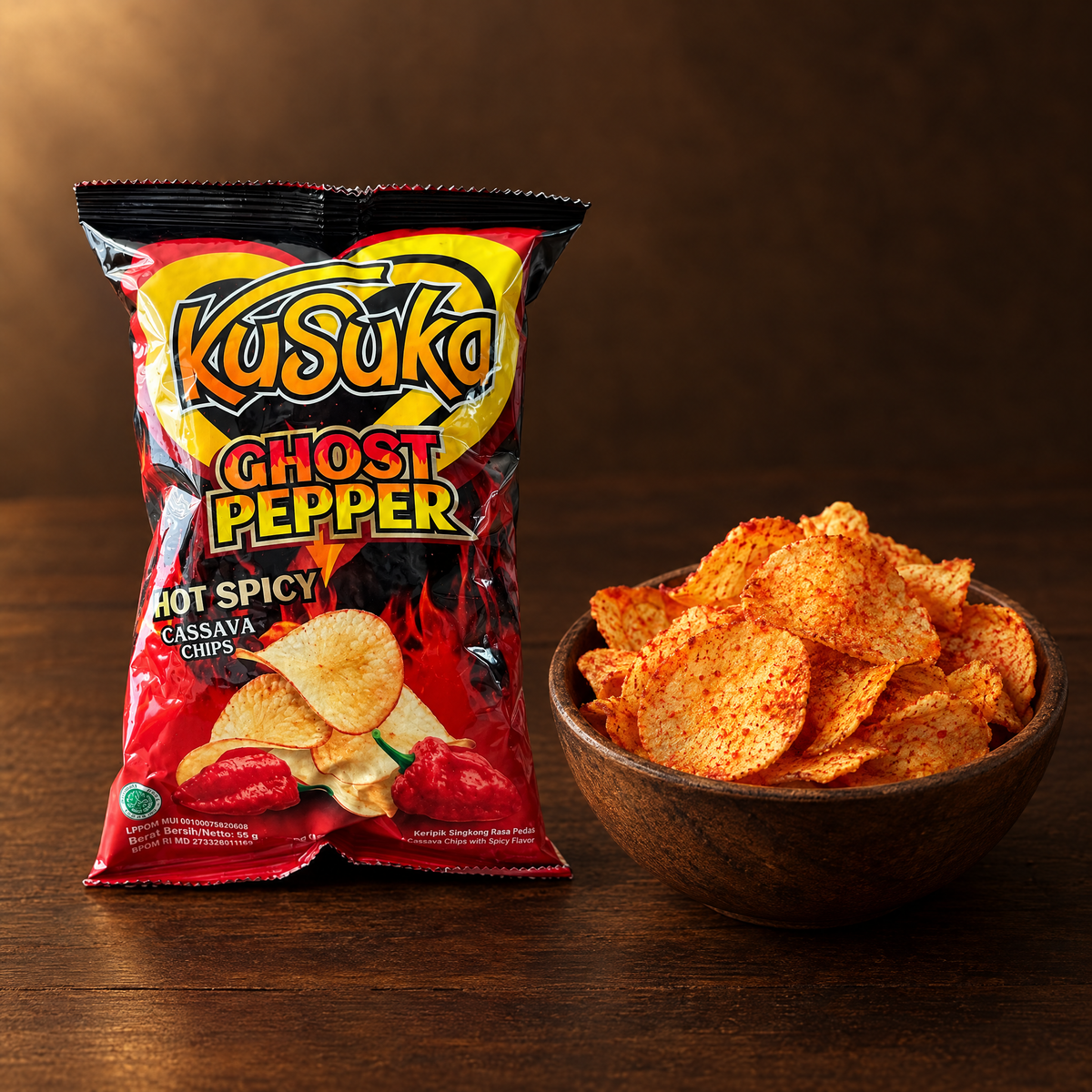 Kusuka Keripik Singkong Cabe Setan 55 g – Packung mit scharfen Maniok-Chips
