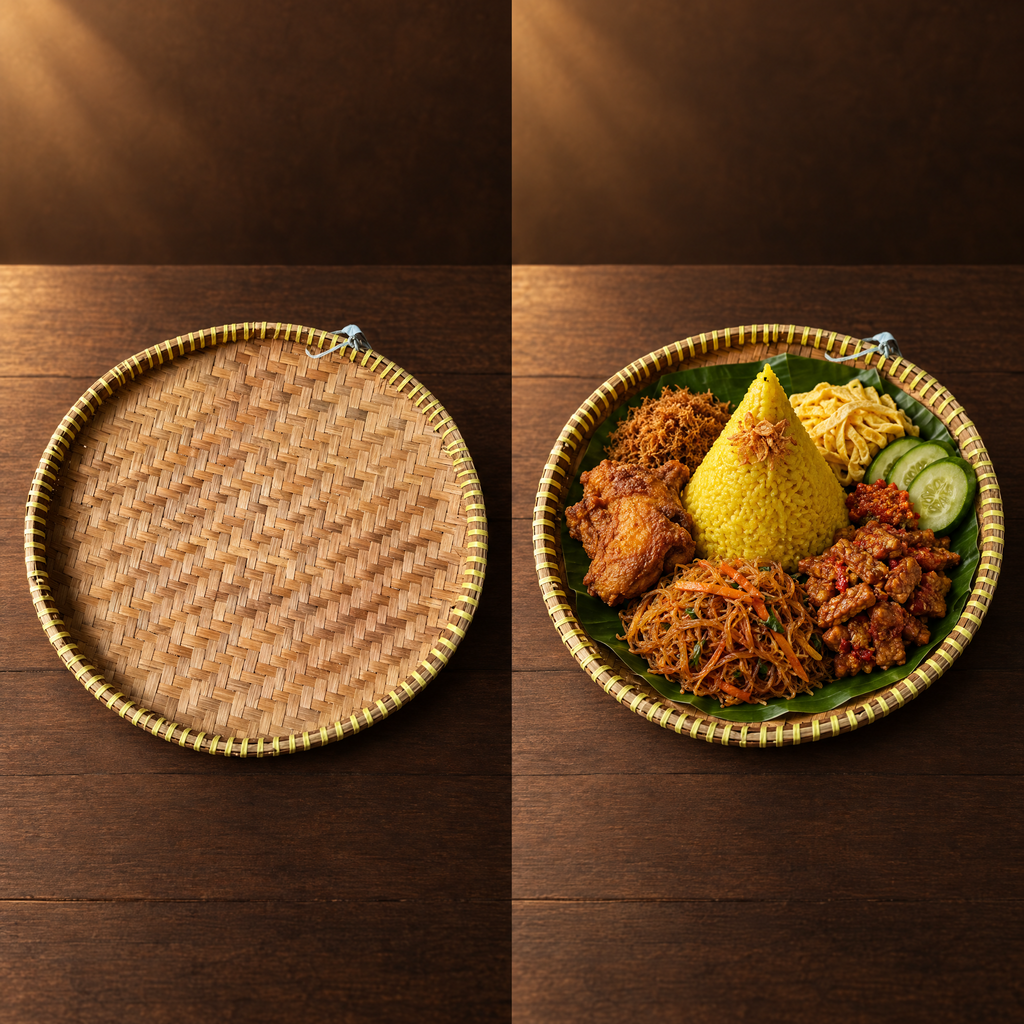 Bambu Tampah 40 cm – Bambustablett mit angerichtetem Nasi Kuning