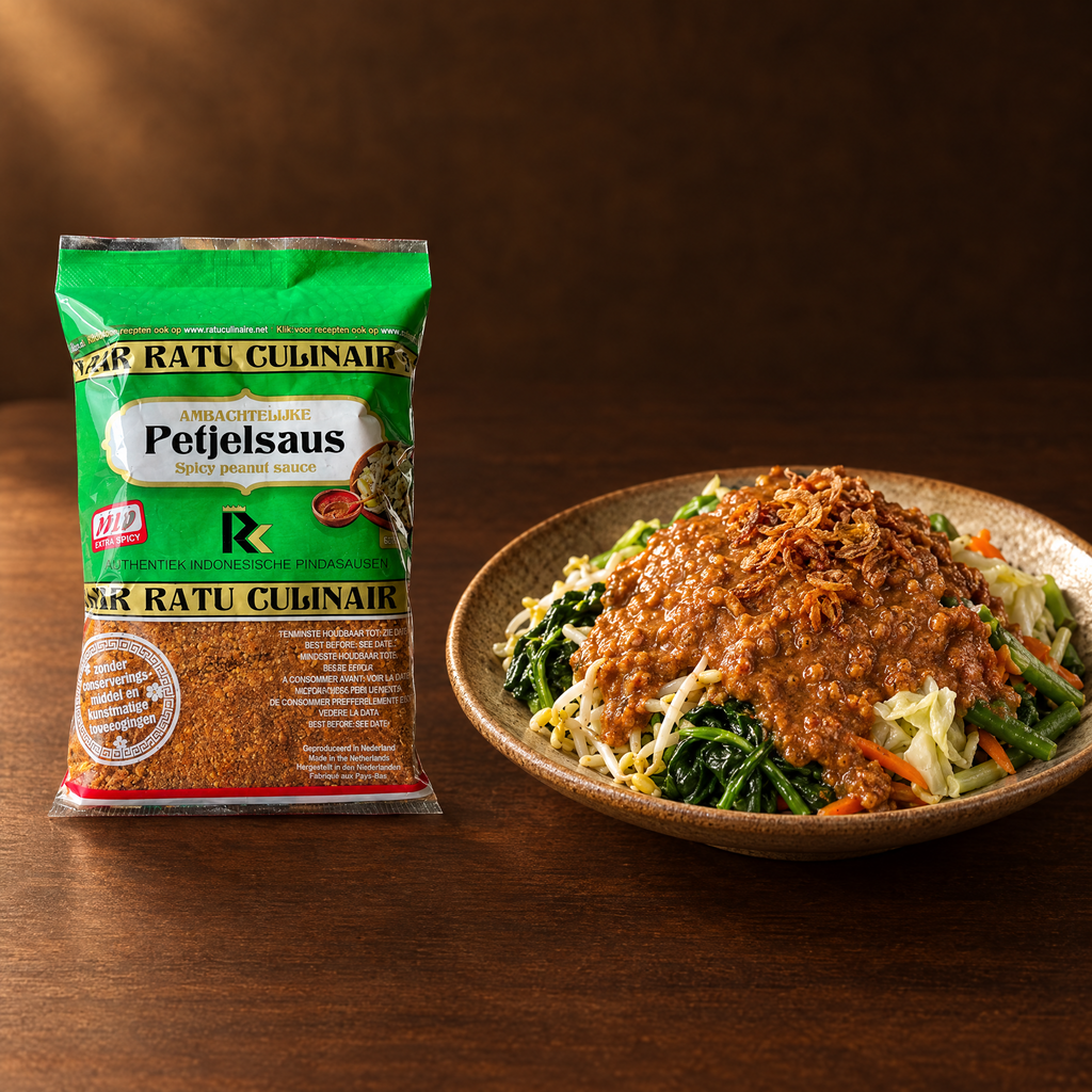 Ratu Culinair Saus Pecel 200 g – Packung mit angerichtetem Pecel