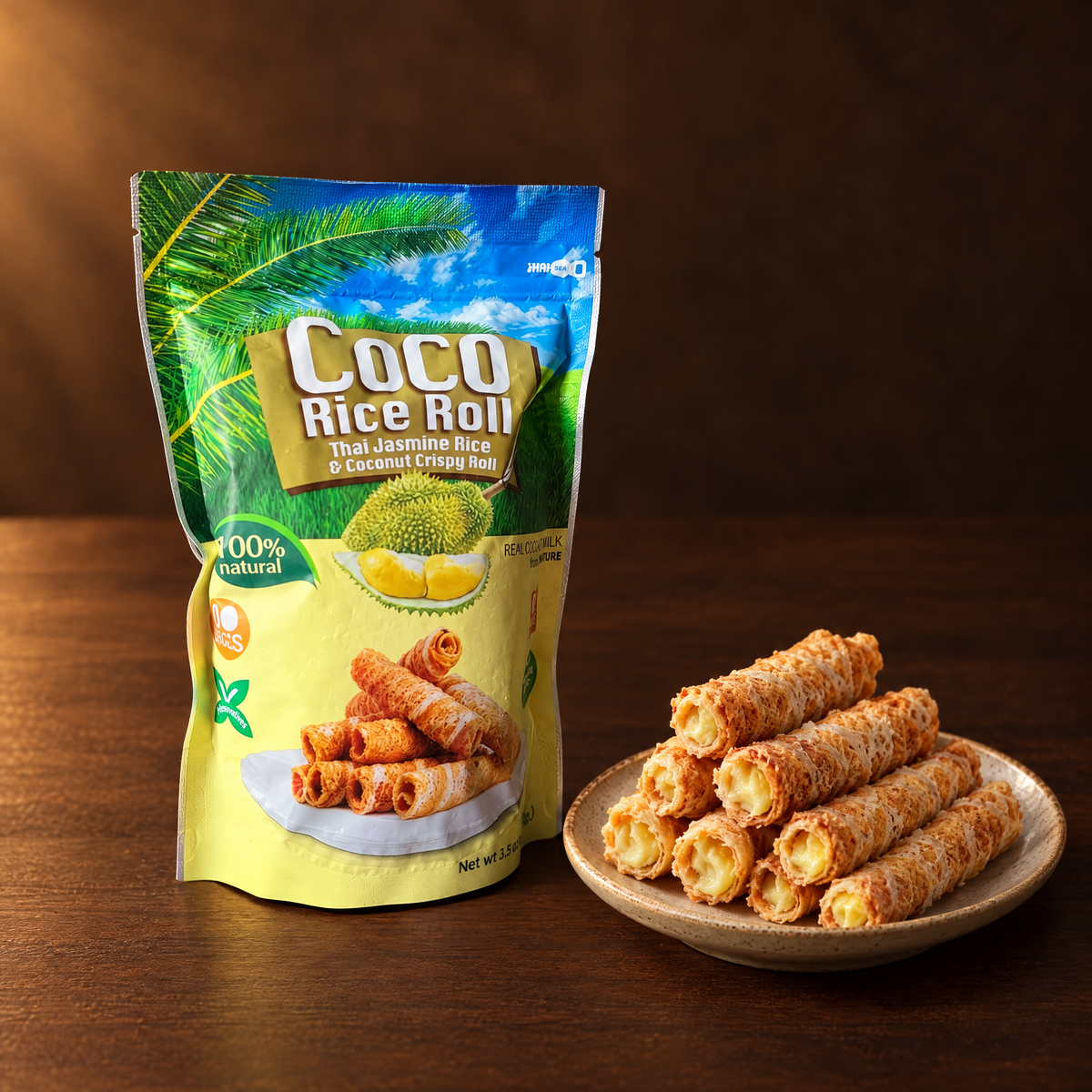 Coco Crispy Rice Roll Durian 100 g – Packung mit Reisröllchen