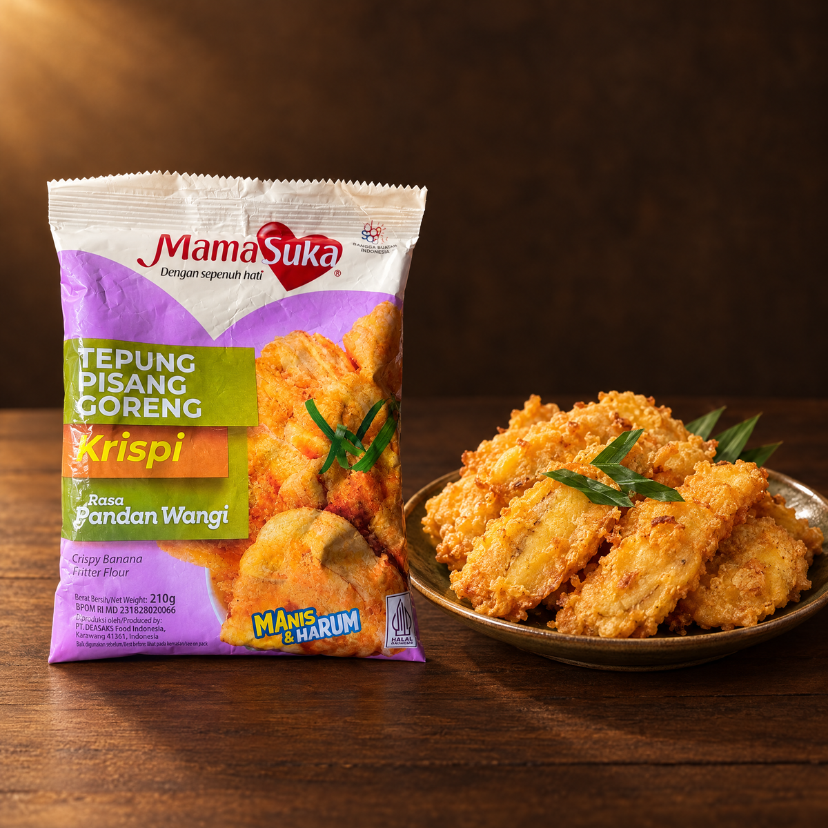 Mamasuka Tepung Pisang Goreng Rasa Pandan 210 g – Packung mit Pisang Goreng