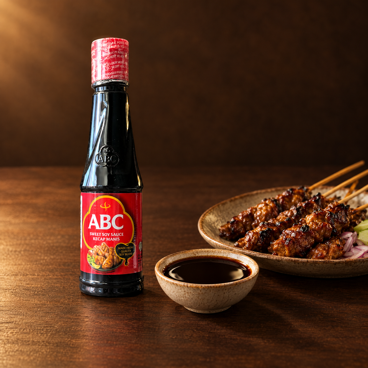 ABC Kecap Manis 135 ml – Flasche mit Saté-Spießen