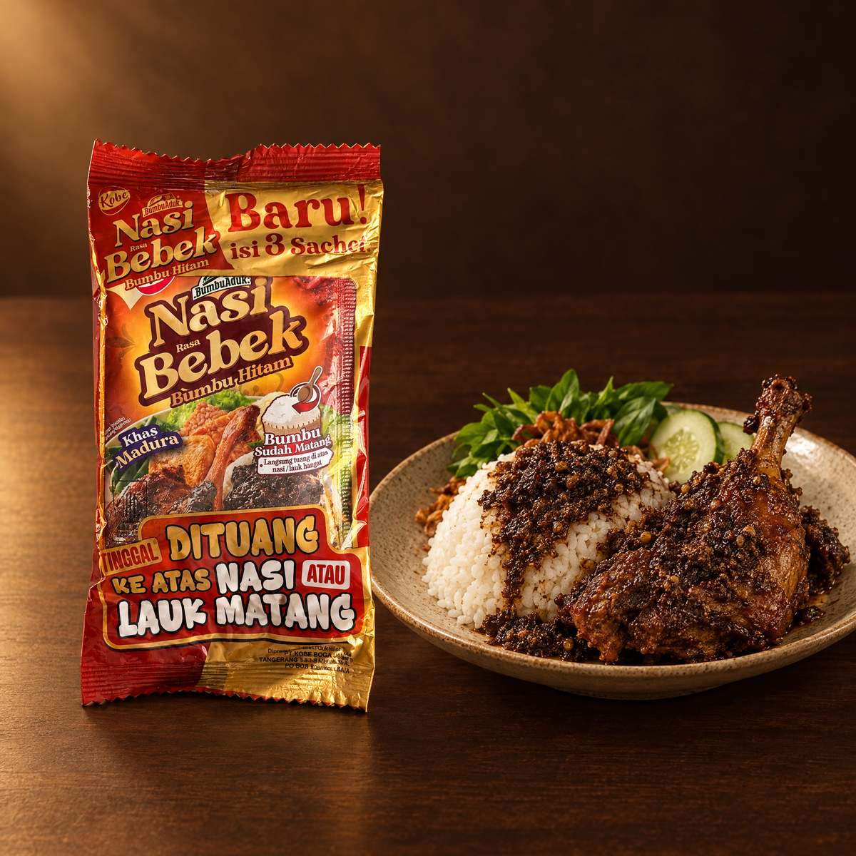 Kobe Bumbu Nasi Rasa Bebek Bumbu Hitam 70 g – Packung mit angerichtetem Gericht