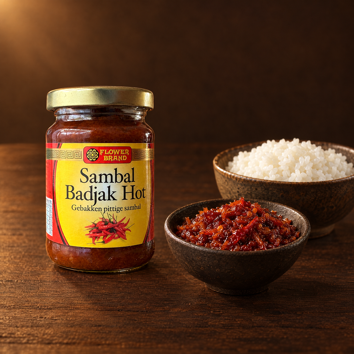 Flower Brand Sambal Badjak Pedas 200 g – Glas mit angerichtetem Sambal