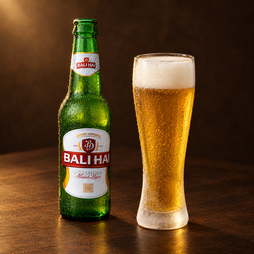 Bali Hai Premium Munich Lager 330 ml – Flasche mit eingeschenktem Bier