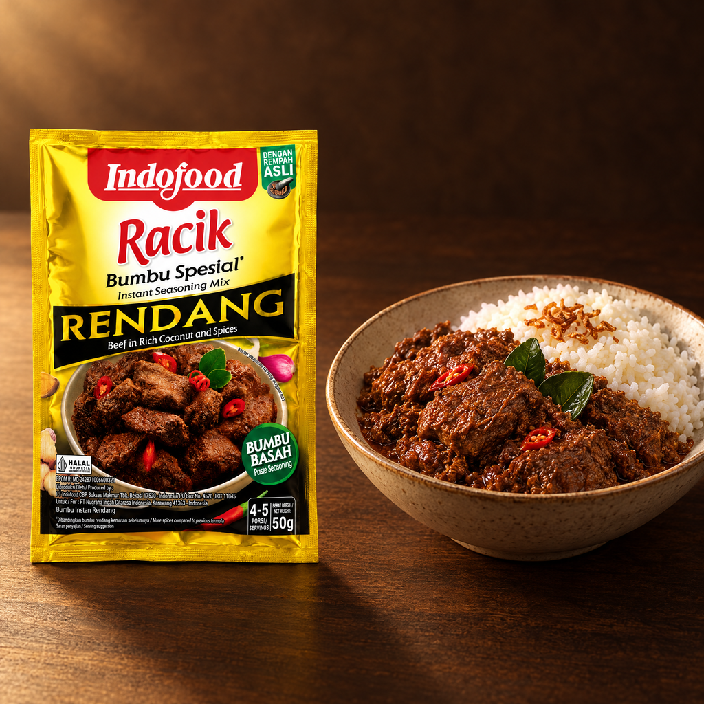 Indofood Racik Bumbu Spesial Rendang – Packung mit Rendang
