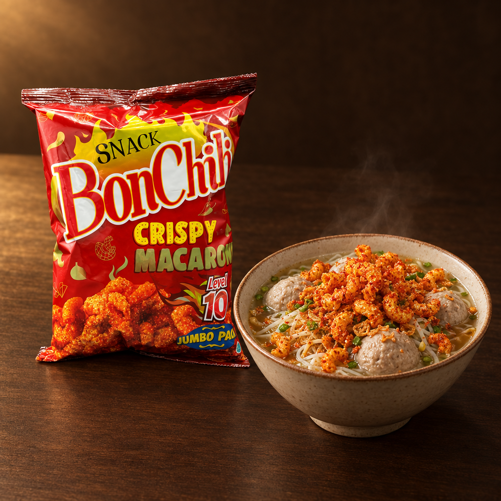 BonCabe Makaroni Crispy Snack Level 10 – Packung mit Snack als Topping auf Bakso-Suppe