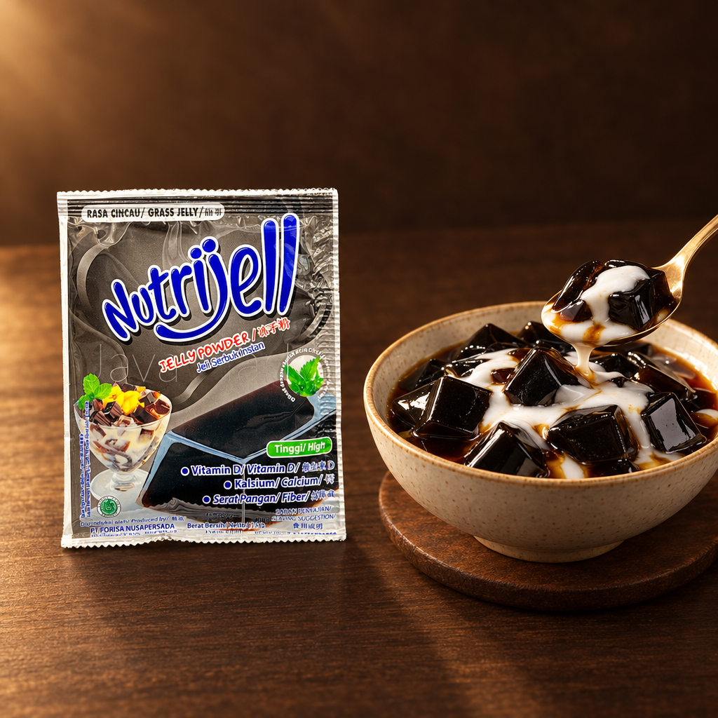 Nutrijell Jelly Powder Cincau Hitam – Packung mit Cincau-Dessert und Palmzuckersirup