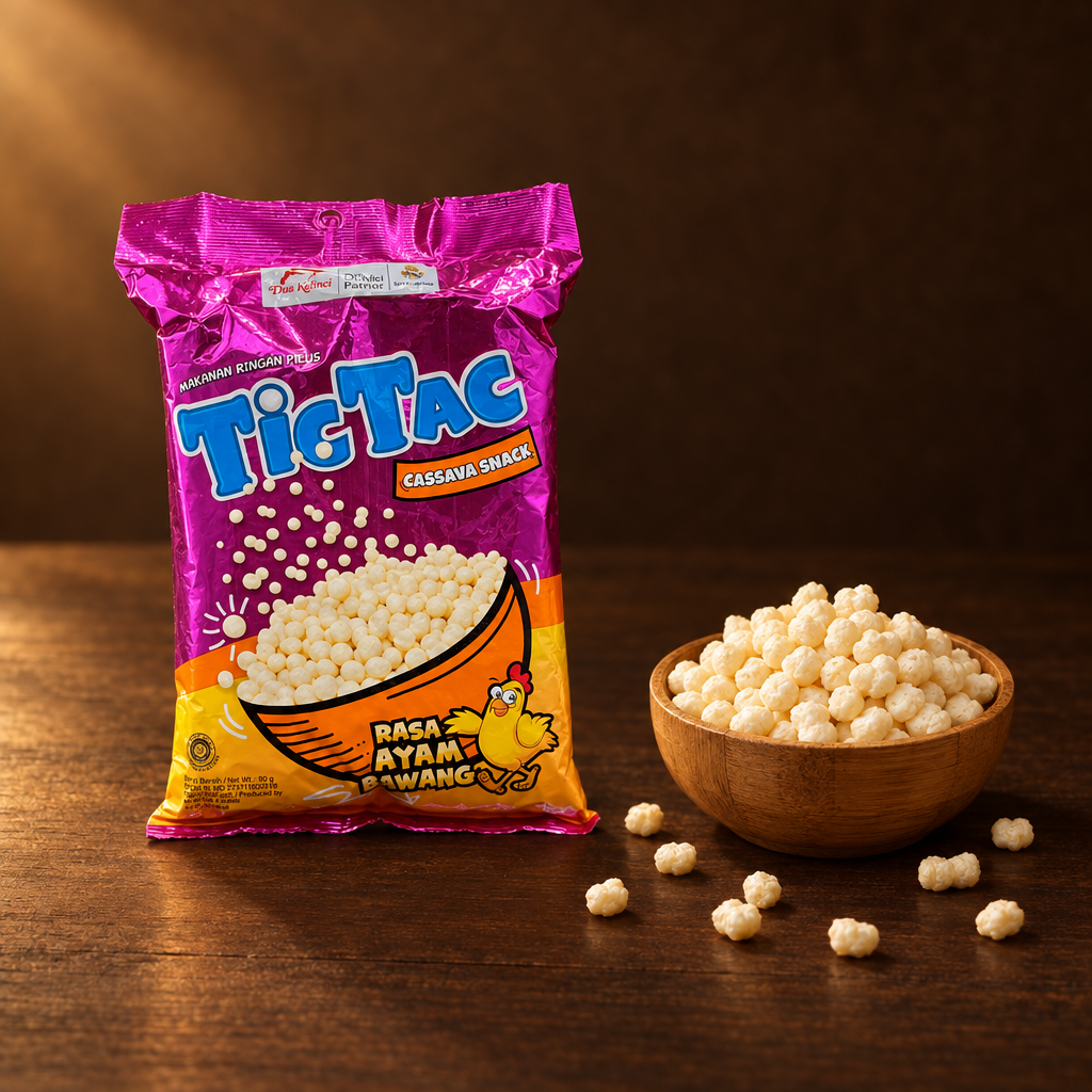 Tic Tac Snack Rasa Ayam Bawang 90g – Packung mit Snack in der Bambusschale