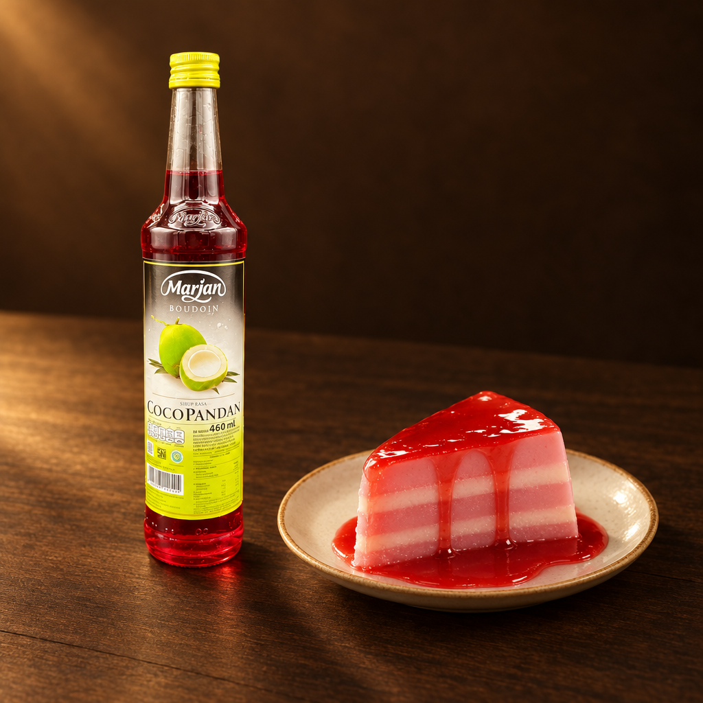 Marjan Sirup Rasa Cocopandan – Flasche mit Schichtpudding