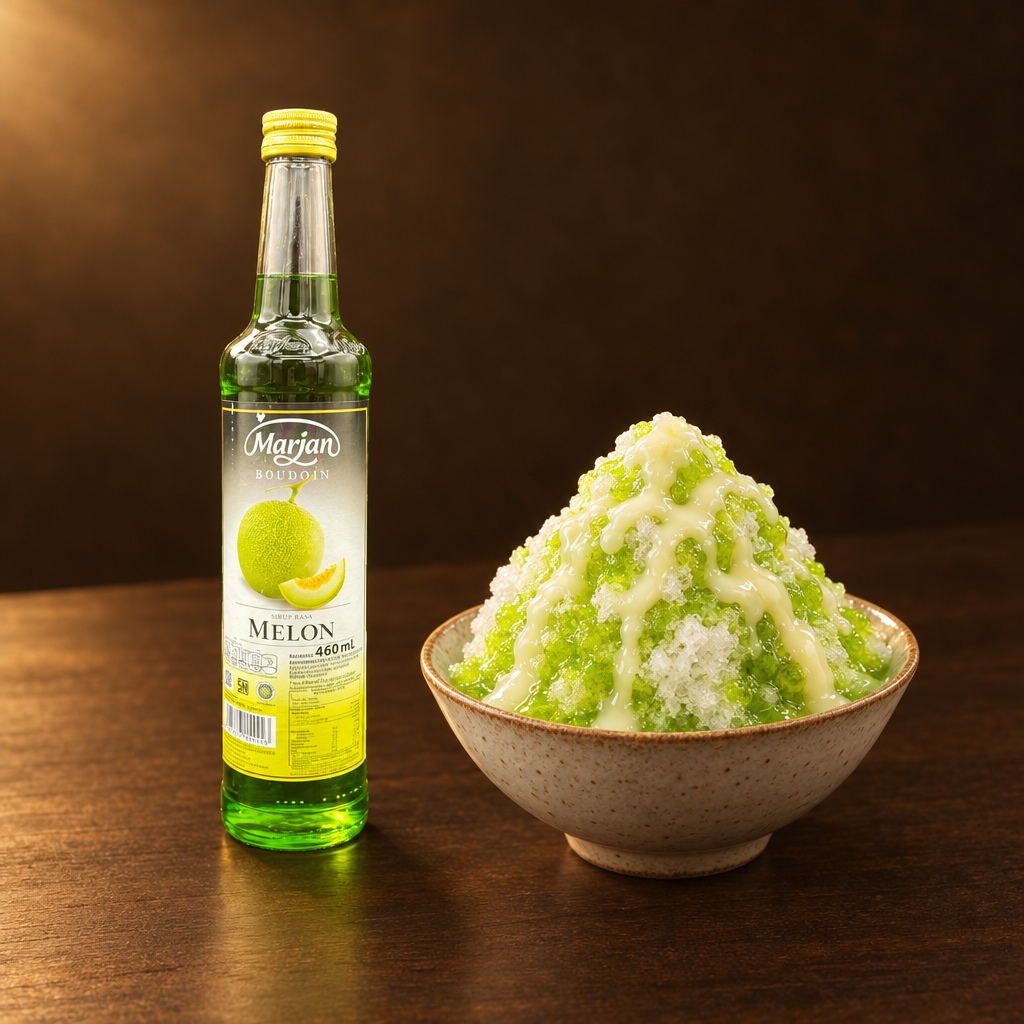 Marjan Sirup Melon – Flasche mit Shaved-Ice-Dessert