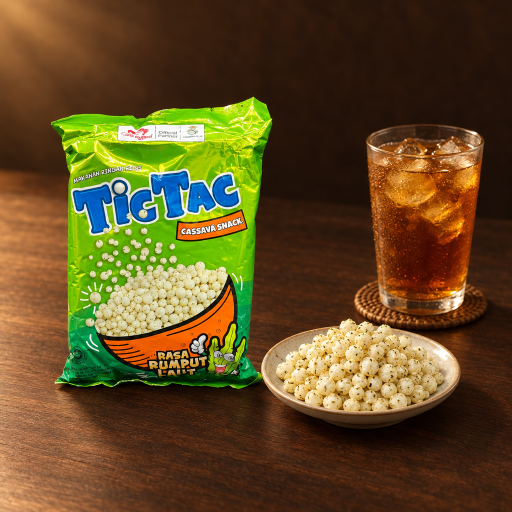 Tic Tac Snacks Rasa Rumput Laut 90g – Packung mit Snack und Eistee