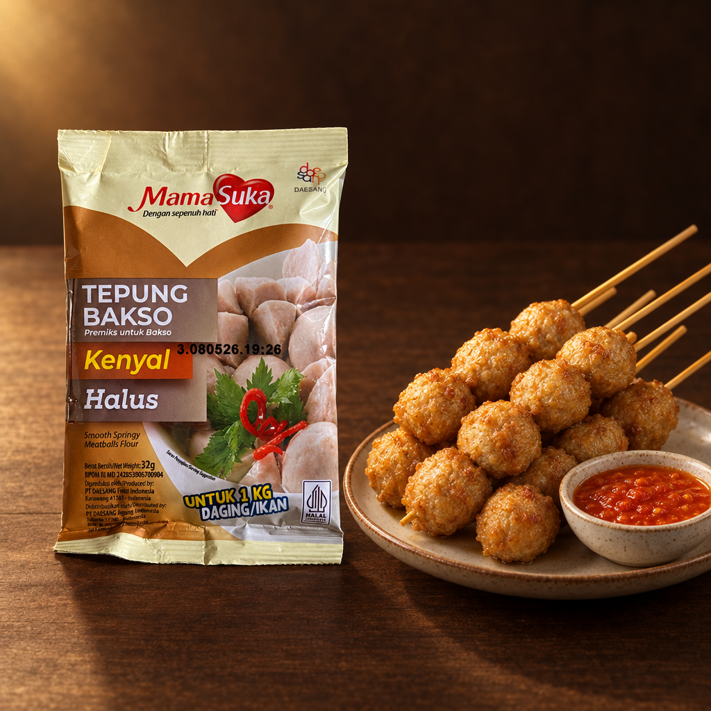 Mamasuka Tepung Bakso 32g – Packung mit frittierten Bakso-Spießen