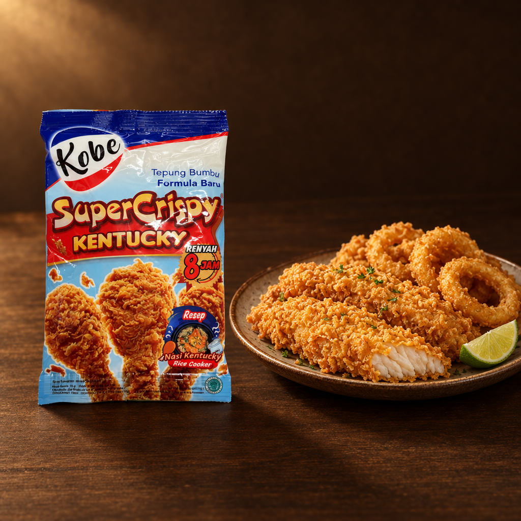 Kobe Kentucky Super Crispy 100g – Packung mit knusprigem Fisch und Zwiebelringen