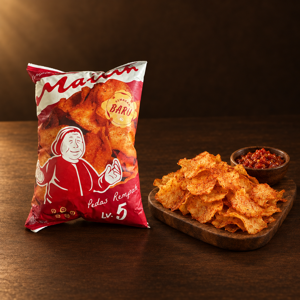 Maicih Cassava Chips Mild Level 5 – Packung mit Chips und Sambal-Dip