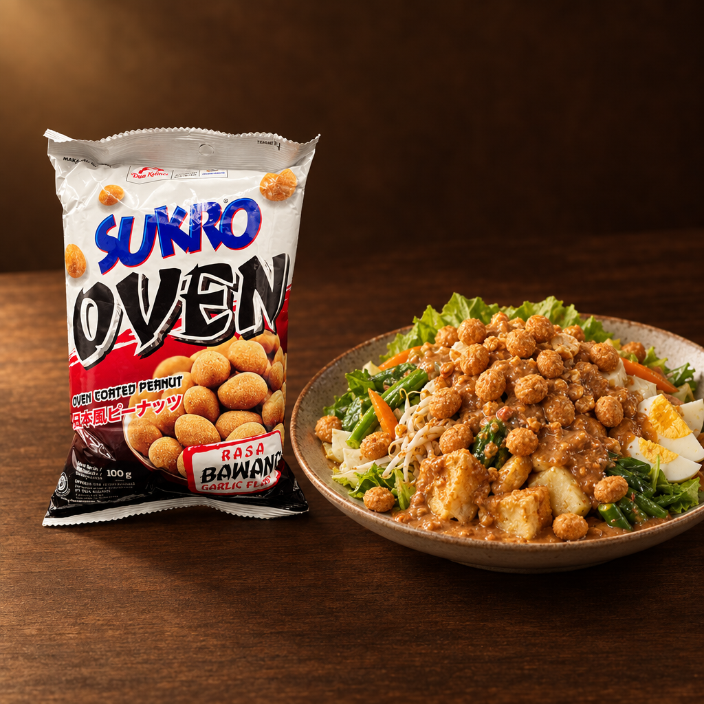 Dua Kelinci Sukro Oven Garlic 100g – Packung mit Erdnüssen als Topping auf Gado-Gado