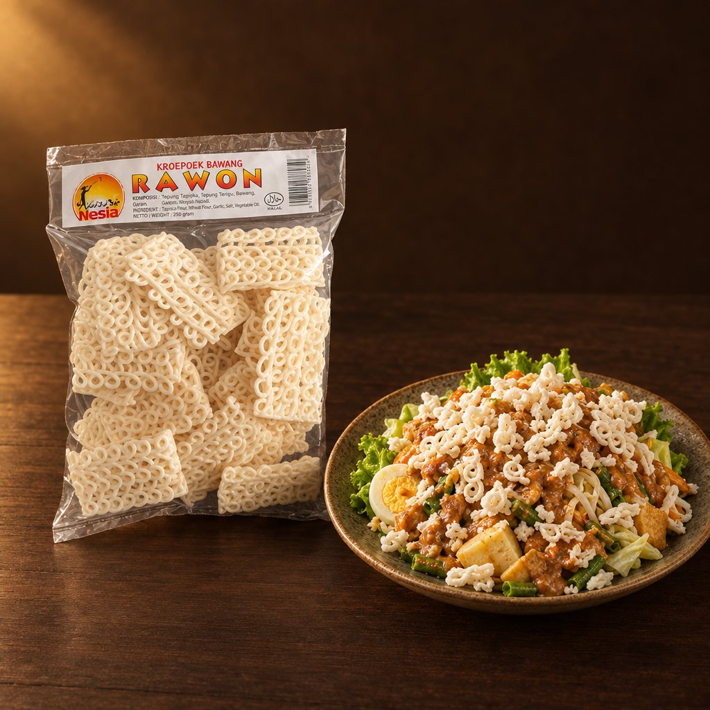 Kerupuk Rawon White 250g – Packung mit Krupuk über Gado-Gado